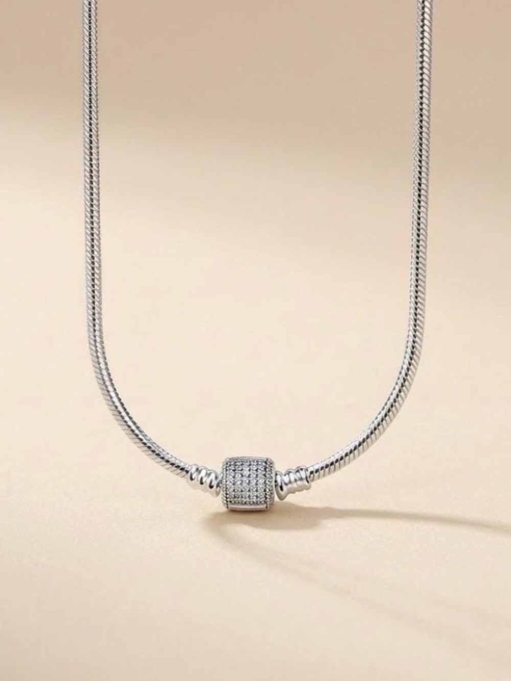 Pavé Square Bead Snake Chain Necklace - Silver